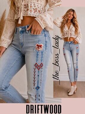 Driftwood embroidered jeans floral skinny stretchy western denim pants boho 28